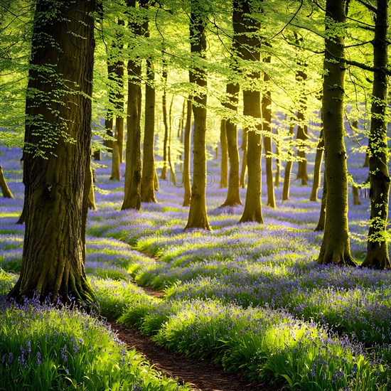 Forest path winding through a thick carpet of bluebells, AI generated