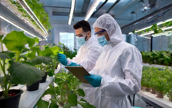 Biologists in protective suits grow vegetables in the lab, the concept of biotechnology, plant care and protection against diseases, organic food production, AI generated, AI generated