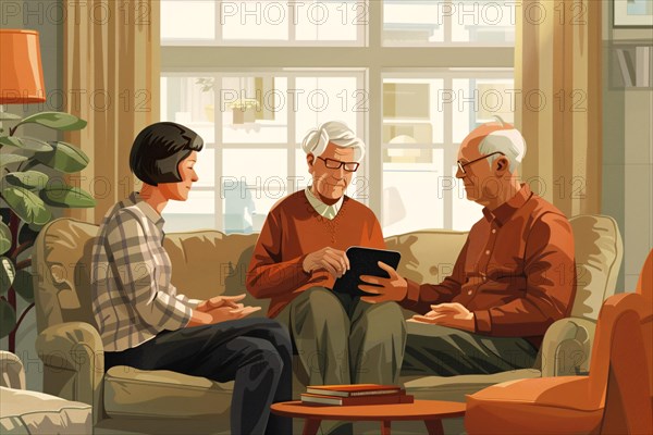 An animated elderly couple with a family member, engaged in discussion with a tablet, AI generated