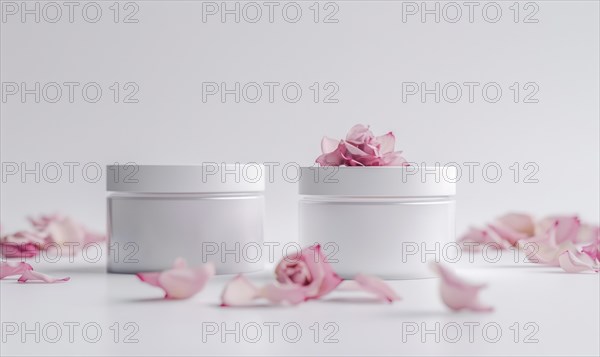 Two creme jar blank mockups adorned with delicate flower petals AI generated