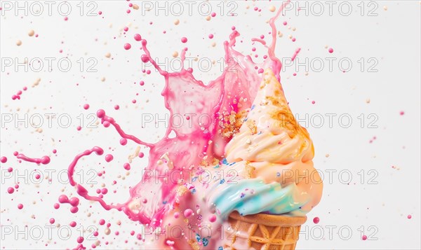 Ice cream cone explosion on white background AI generated