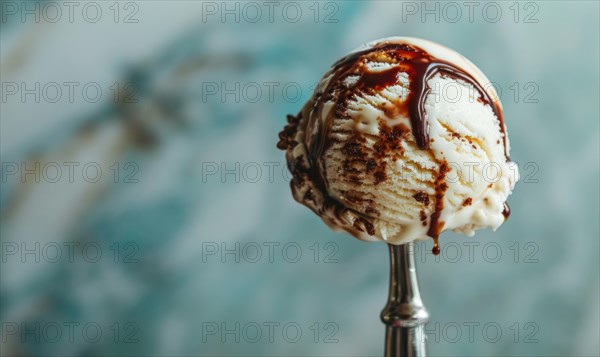 Ice cream scoop with chocolate syrup swirls closeup view AI generated