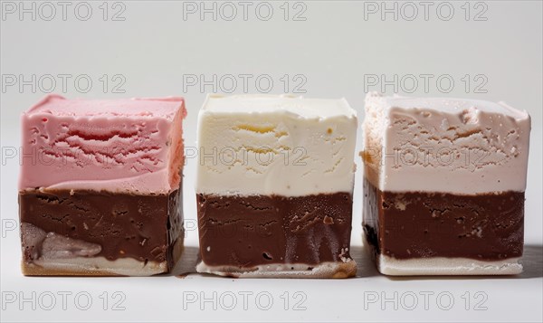 Three-color ice cream slices on white background AI generated