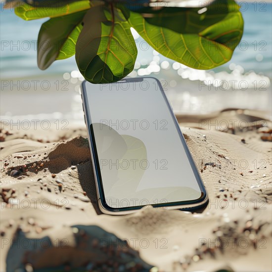 Smartphone mockup with a blank screen on a tranquil beach background, travel and tourism AI generated
