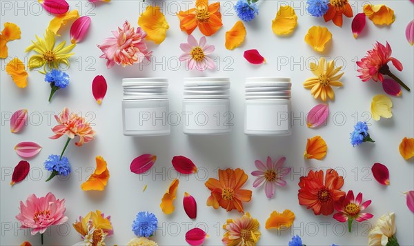 Three creme jar blank mockups nestled amidst delicate flower petals on a white background AI generated