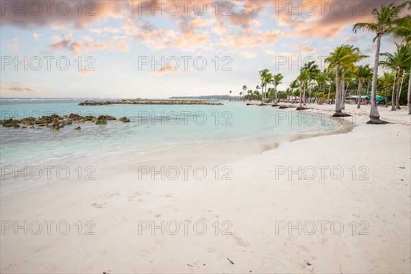 Caribbean dream beach with palm trees, white sandy beach and turquoise-coloured, crystal-clear water in the sea. Shallow bay at sunset. Plage de Sainte Anne, Grande Terre, Guadeloupe, French Antilles, North America