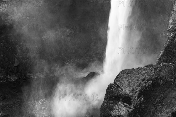 Foaming Halfoss waterfall, black and white photo, Sudurland, Iceland, Europe