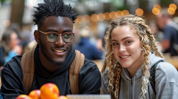 African american young university student with glasses and blonde caucasian female class mate smiling at a table with fruits and a digital tablet over a blurry busy background with bokeh effect, AI generated