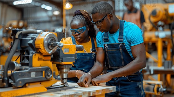 Two focused black individuals looking frustrated collaborating on machinery work in a workshop with safety glasses, AI generated