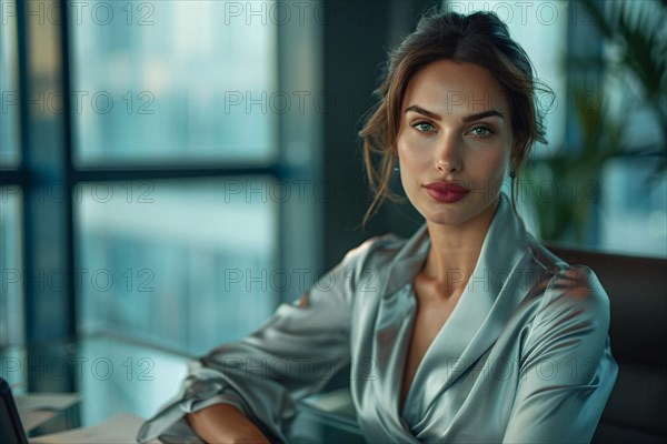 Elegant professional woman confidently sitting in a modern office setting, AI generated