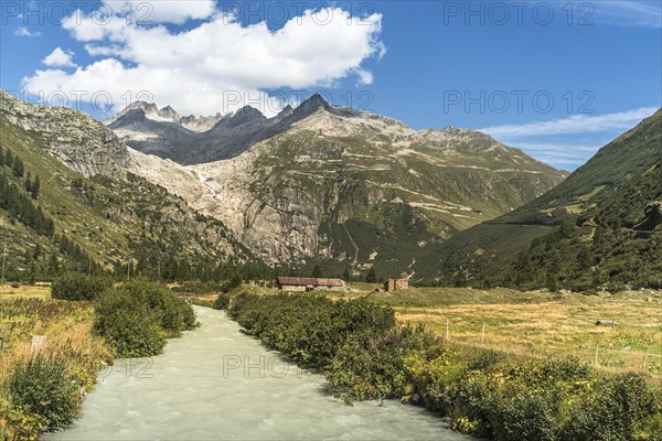 Rhone and Rhone valley, view to the Furka Pass, Obergoms, Canton Valais, Switzerland, Europe