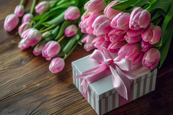 Gift Box with Pink Ribbon Beside bouquet of Fresh Tulips. Background for Valentine day, March 8, mother day, spring holidays, birthday, AI generated