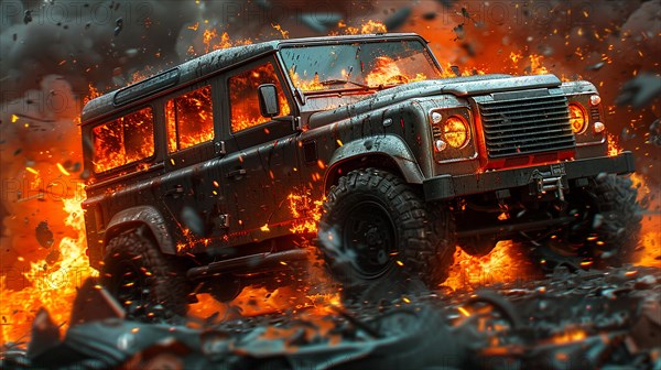 A rugged vehicle splashing through vulcano lava with dramatic lighting, AI generated