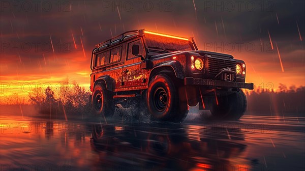 An all-terrain vehicle driving through rain with reflections on water at dusk, AI generated