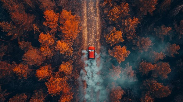 Aerial shot of a red sports car leaving a trail of smoke in an autumn forest, AI generated