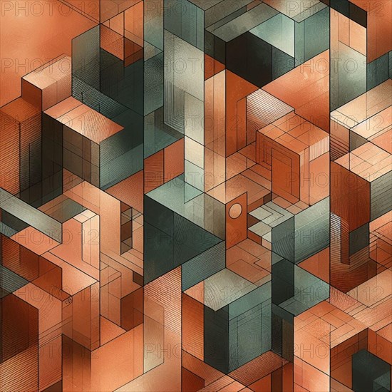 Three-dimensional geometric abstraction with interlocking cubes in warm orange tones, AI generated