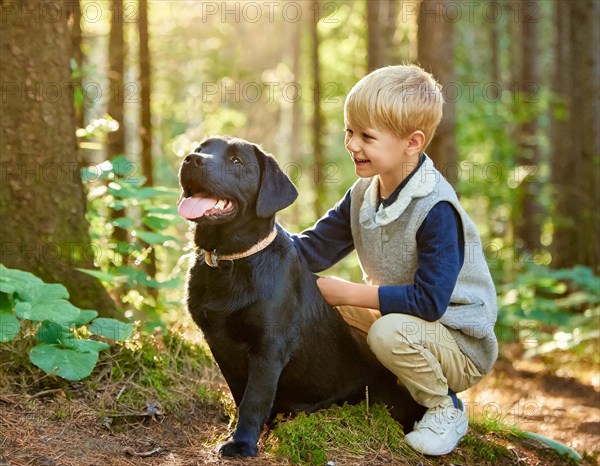 Dog, young black Labrador travelling in the forest with a boy, child, 5 years, AI generated, AI generated
