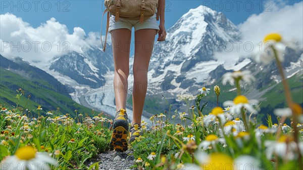 Hiker with backpack walking through a flowery meadow with snowy peaks, AI generated