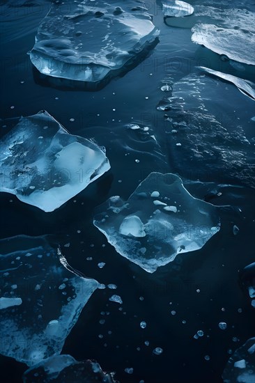 Ice chunks floating in dark oil slicked water showing the impact of oil spills on polar regions, AI generated