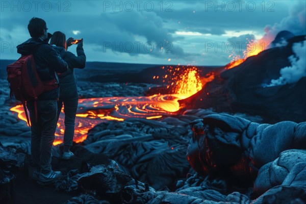 Tourists, onlookers photograph a spectacular volcanic landscape with liquid, partially cooled lava flows with their smartphones, symbolic image for volcano tourism, disaster tourism, travel trends and the associated dangers, AI generated, AI generated, AI generated