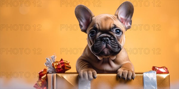 Cute French Bulldog dog puppy with gift box on yellow background. KI generiert, generiert, AI generated
