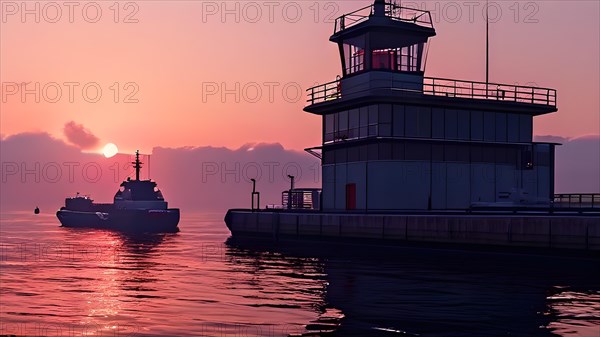 Seaports control tower at sunrise emphasizing its role in overseeing, AI generated