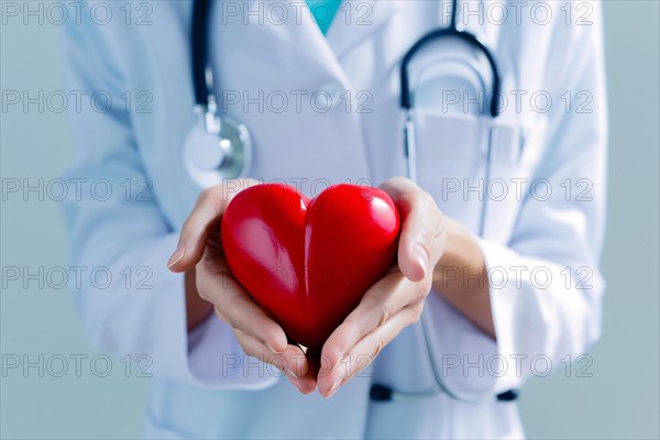 Female doctor holding red heart model. Heart disease concept. KI generiert, generiert, AI generated