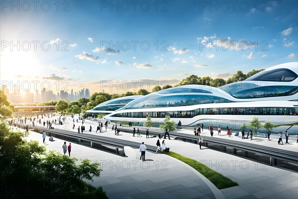 Conceptual digital rendering featuring a seamless transportation hub convergence of autonomous trains, AI generated