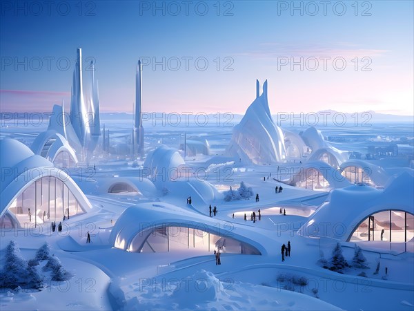 Concept for arctic city designed for sustainability featuring geothermal heating, AI generated