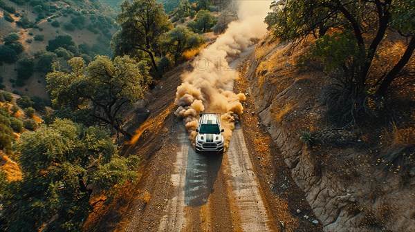A vehicle stirs up smoke on a dusty hillside road amidst greenery, action sports photography, AI generated