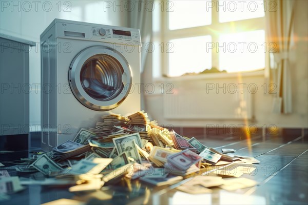 A mountain of banknotes lying in front of a washing machine, symbolising money laundering, illegally generated money, AI generated, AI generated, AI generated