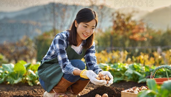 Young woman planting tulip bulbs in the ground in autumn in the garden, KI generated, AI generated