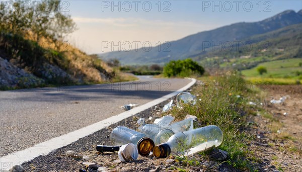 There are some empty glass bottles on the roadside, some broken, pollution, AI generated, AI generated
