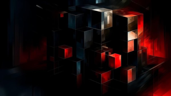 An intense abstract of a dark, glowing 3D cube cluster with predominant red highlights and deep shadows, AI generated