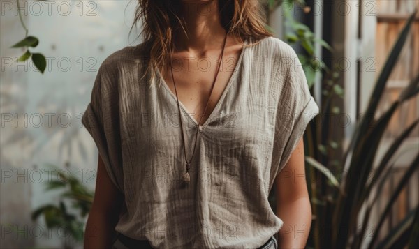Woman in a simple linen shirt, bathed in natural light, surrounded by indoor plants AI generated