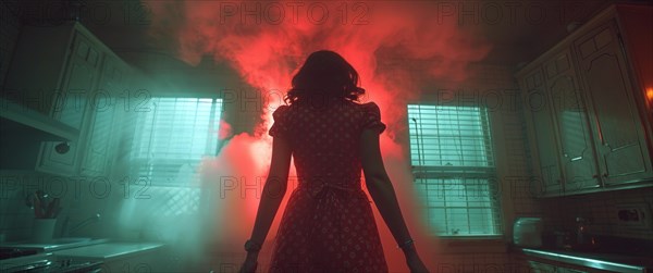 Silhouette of a woman in a polka dot dress standing in a dim kitchen with red light, creepy mood, AI generated