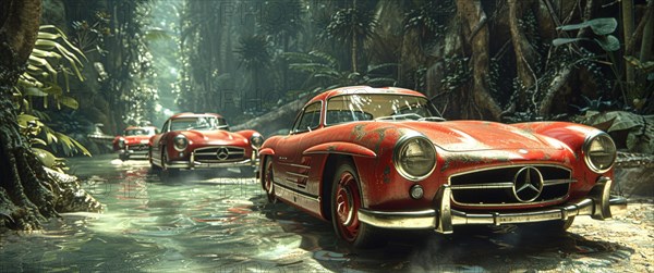Classic red Mercedes-Benz cars standing in water in a jungle scene with clear reflections, AI generated