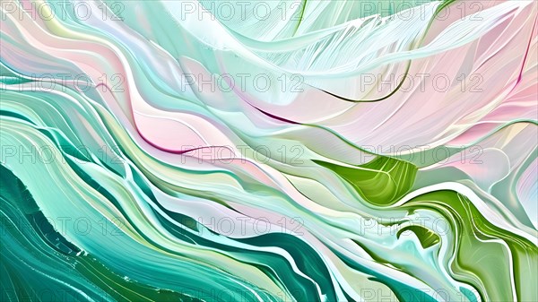 Abstract painting with flowing lines intertwine organic shapes symbolizing springs awake, AI generated