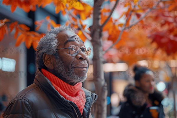Senior man in a scarf reflecting amidst vivid autumn leaves in the city, AI generated