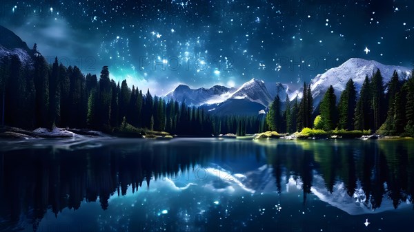 Serene summer lake with dense forests mirroring on placid water under star speckled milky way at night, AI generated