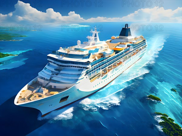 Digital painting of aerial view featuring a cruise ship slicing through the caribbean sea, AI generated