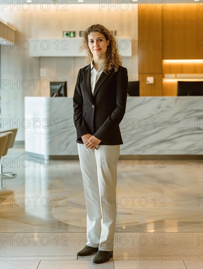 Confident woman in a black suit standing in a corporate environment with a marble background, AI generated