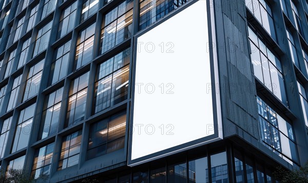 Blank screen banner mockup displayed on the modern building facade. Close Up view AI generated