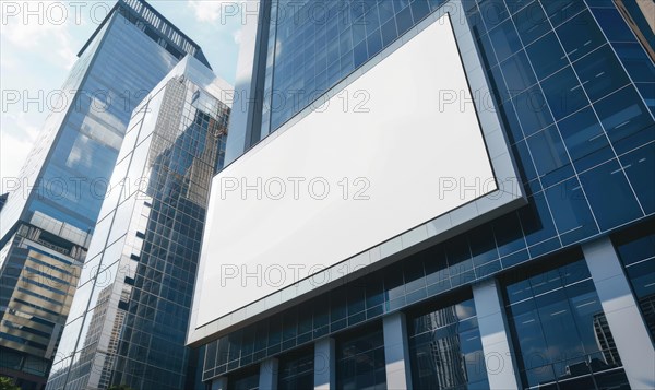 Blank screen banner mockup displayed on the modern building facade. Close Up view AI generated