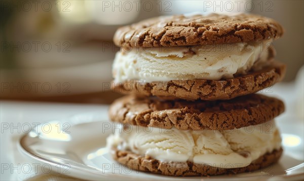 Ice cream sandwich with cookie crunch, closeup AI generated