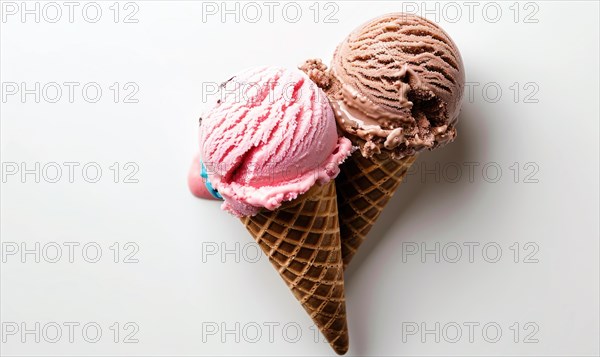 Neapolitan ice cream cones on white background AI generated