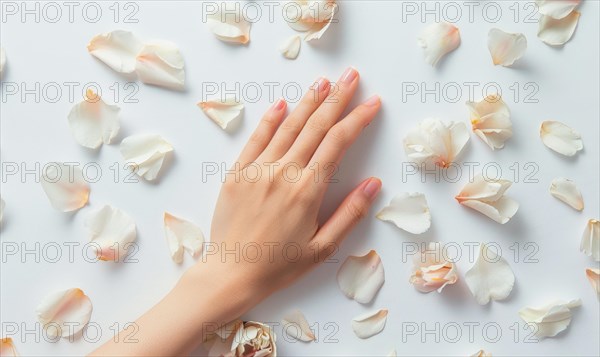 Woman's hand on white background with flower petals around AI generated