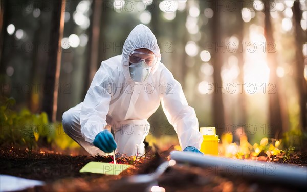 Securing evidence at a crime scene in the forest, KTU, forensic investigation by the criminal investigation department, KI generated, AI generated