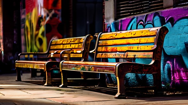 Urban park bustling with daily life paint splattered graffiti adorning the timeworn benches, AI generated