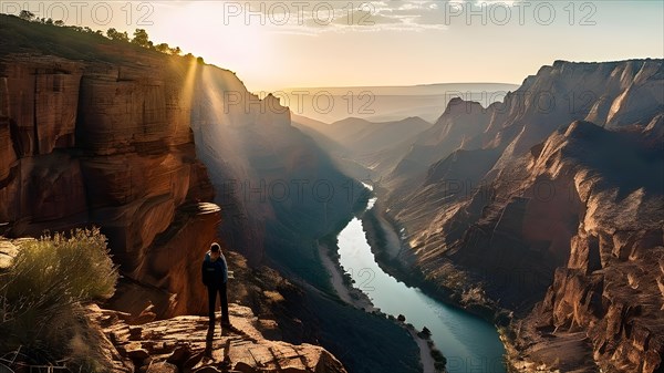 Hiker positioned on the edge of a rugged cliff with panoramic canyon with a winding river expanse below bathed in sunlight, AI generated